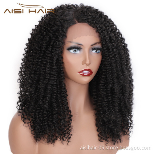 Aisi Hair Medium Long Afro Curly Fluffy Wig Natural Black Kinky Lace Frontal Wig Synthetic Lace Front Hair Wigs For Black Women